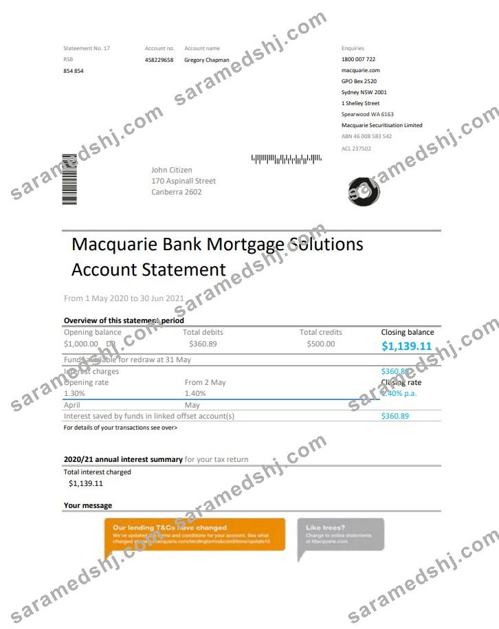 Australia Macquire Bank statement easy to fill template in Excel and PDF format